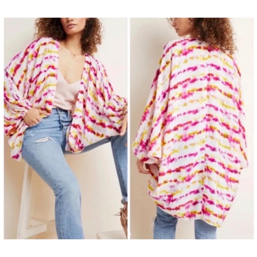 Anthropologie Kimono Cocoon Cardigan Tie Dye Pink Yellow White One Size